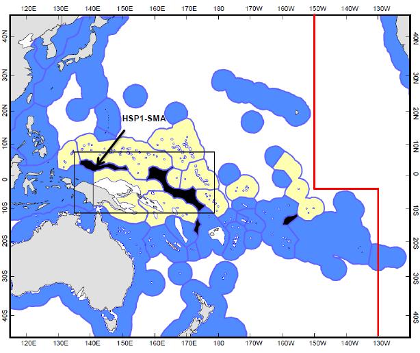 Attachment B: WCPFC Convention Area Related to Attachment C - showing HSP-1 SMA where the arrangements in Attachment C apply This map displays indicative maritime boundaries only.