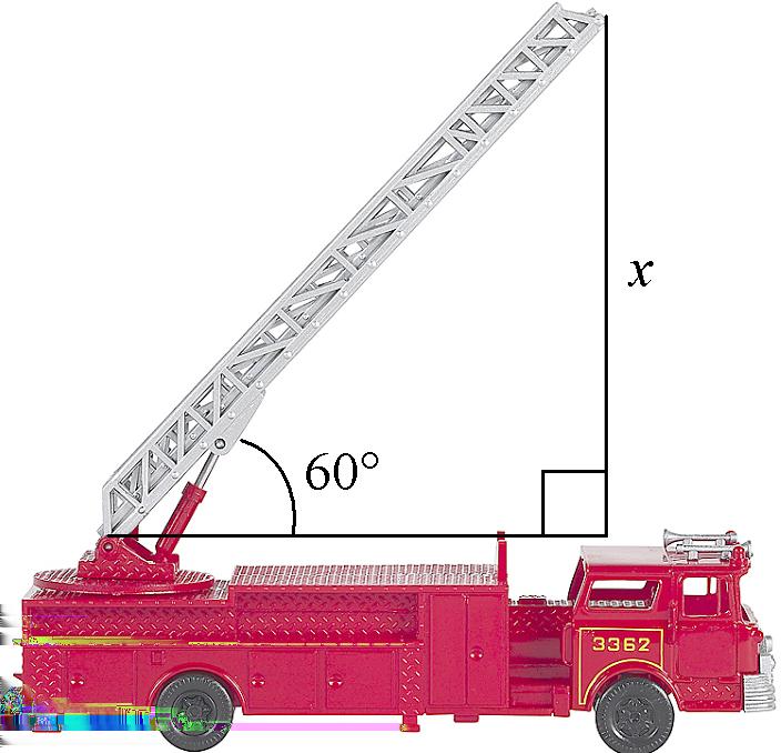 9. Firemen are using a 75 ft. ladder extended to 70 ft. The ladder is positioned at a 60 angle with the horizontal of the truck.