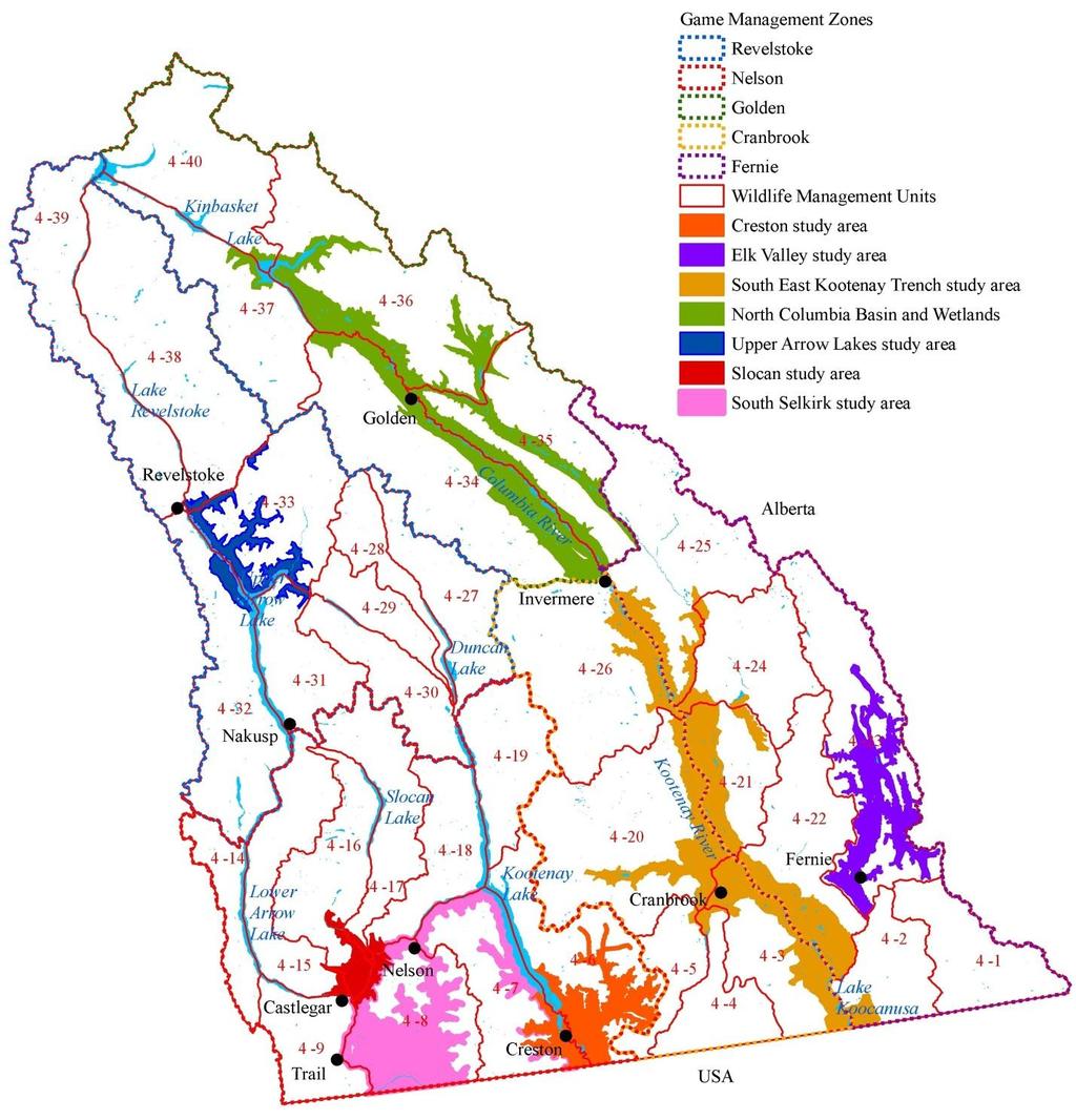 Figure 8. Map of the Kootenay Region, showing aerial survey study areas in the 199s and s.