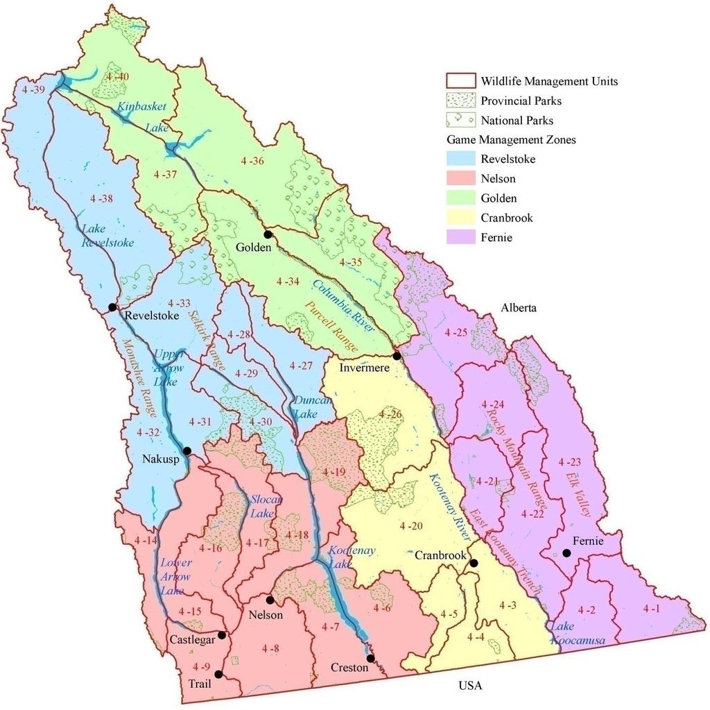 Figure 1. Kootenay Region, showing Game Management Zones (GMZ) and Wildlife Management Units (MU).