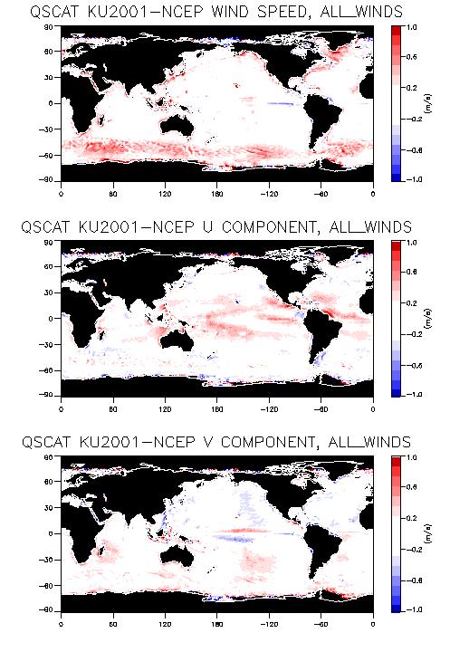 Figure 3a: Global maps of QuikSCAT-NCEP bias, for wind speed (top), U component (center) and V component (bottom).