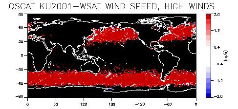 Figure 3b: Global map of QuikSCAT- WindSat bias, for high wind speed only (above 20 m/s).
