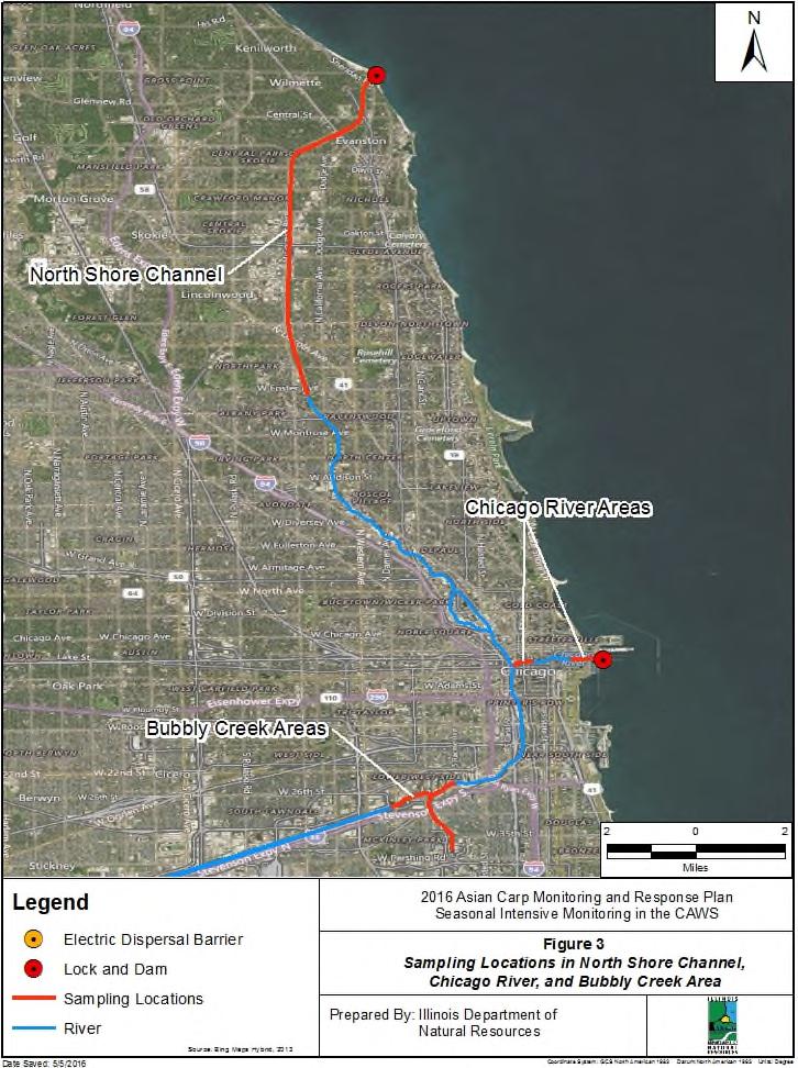 Seasonal Intensive Monitoring in the CAWS 2016 Plan Figure 3. Sampling locations in the North Shore Channel, Chicago River and South Branch Chicago River/Bubbly Creek area.