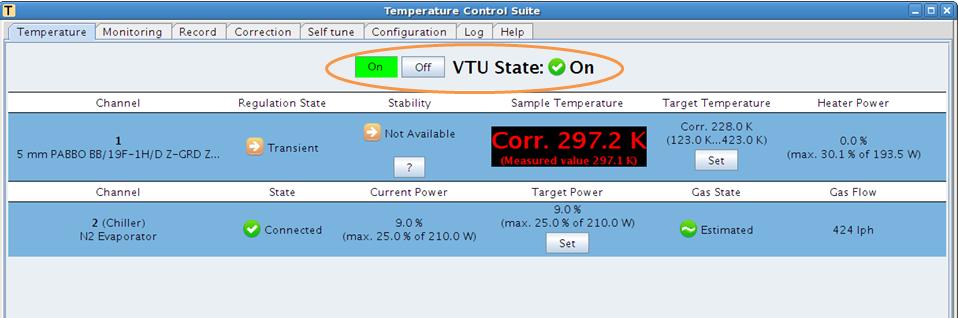 The probe heater is also turned on to regulate the sample temperature if the sample temperature is lower than the target sample temperature. Figure 21: Turn ON the VTU 5.