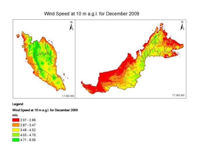 l) December Figure 5 (a-l). Monthly 10 m height wind map for Malaysia.