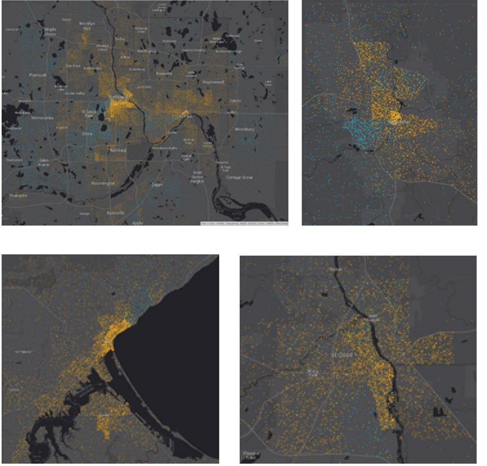 FIG. 14. INCOME EXTREMES IN URBAN AREAS Clockwise from top left, income extremes in the Twin Cities, Rochester, Duluth, and St. Cloud.