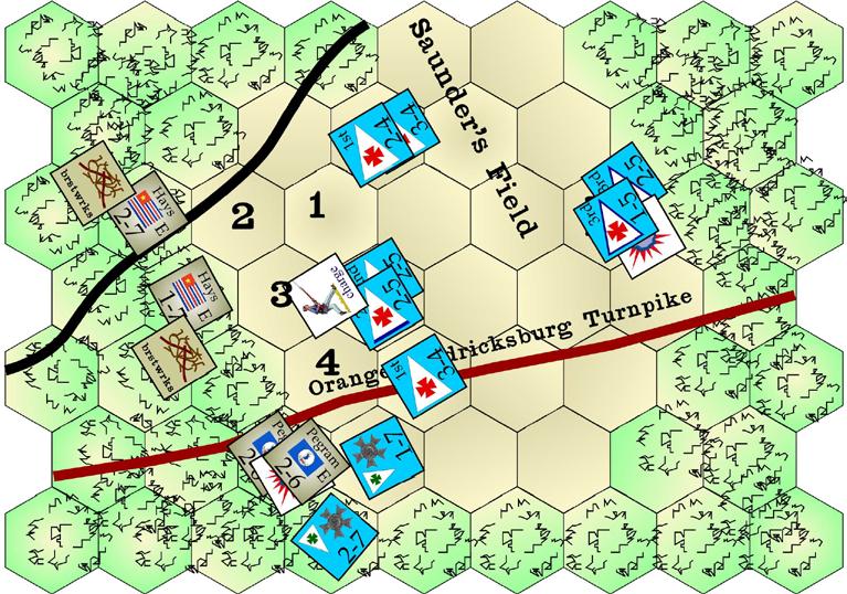 3 Some Tactics. The Yankee needs some subtle tactics in order to close with those breastworks. He starts with the stacked units of the 1 st Brigade (2-4, 3-4).