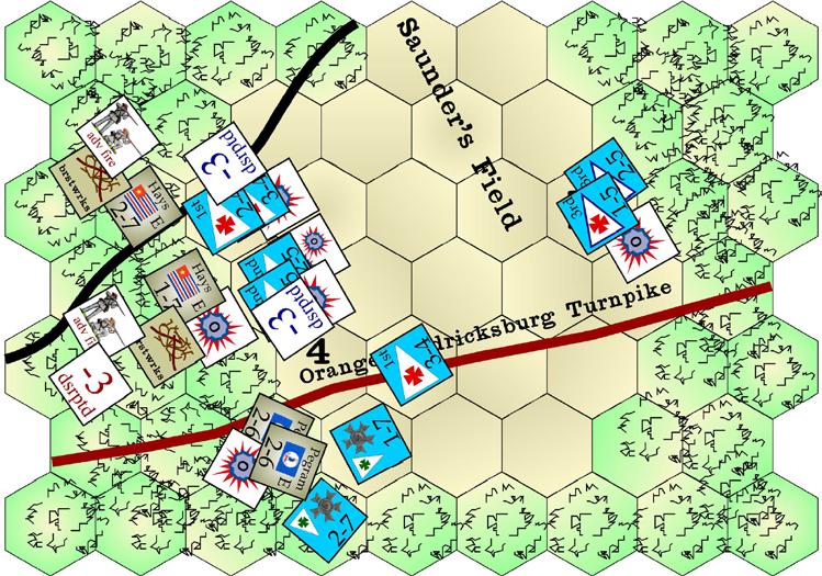 4 Round 3: Fire lines have not changed. Yankee rolls a 1 which is a Disrupt on the Rebels. The Rebels roll a 5, which is a NE. This time the Rebs will take the Disrupt.