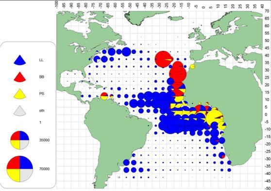 Baitboat catches (in tons) of tropical tunas (BET, SKJ and YFT) in 2011 per fleet. a. b.