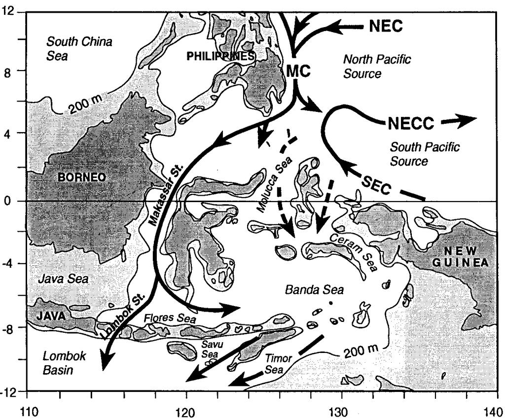 Figure 3. The flow pattern in the Indonesian passages (adapted from Ffield and Gordon[1992]).
