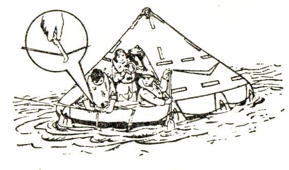 If the distress ship has a low side, crews may jump over board from the deck into the raft, but great care should be taken to the safety of other people.