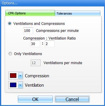 OPTIONS The Options window contains the parameters accessible to the user for configuration. CPR Options Select the number of desired compressions per minute.