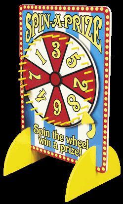 This 14 1/2 tall wood Wheel of Fortune game sets up in a