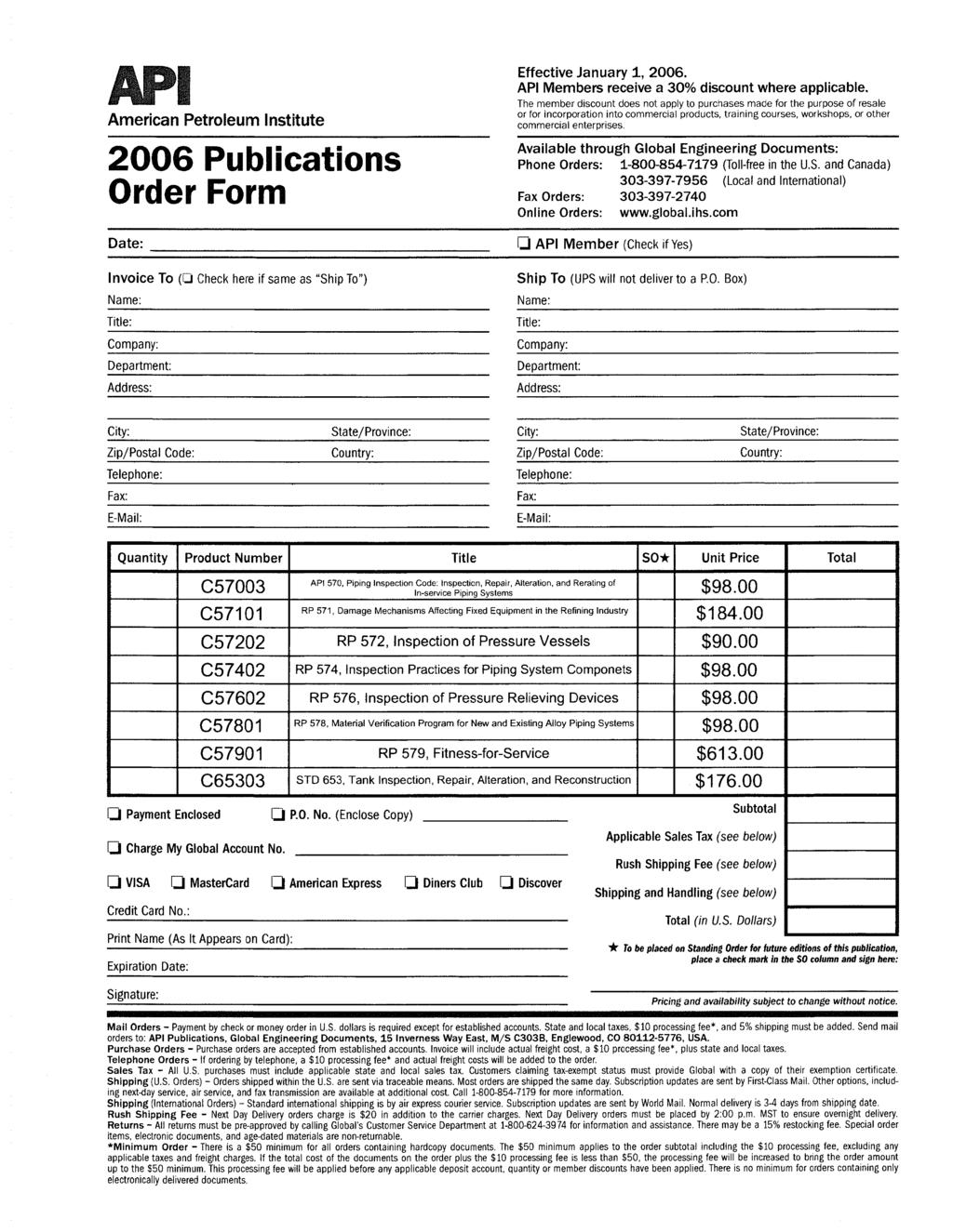 American Petroleum Institute 2006 Publications Order Form Effective January 1, 2006. API Members receive a 30% discount where applicable.
