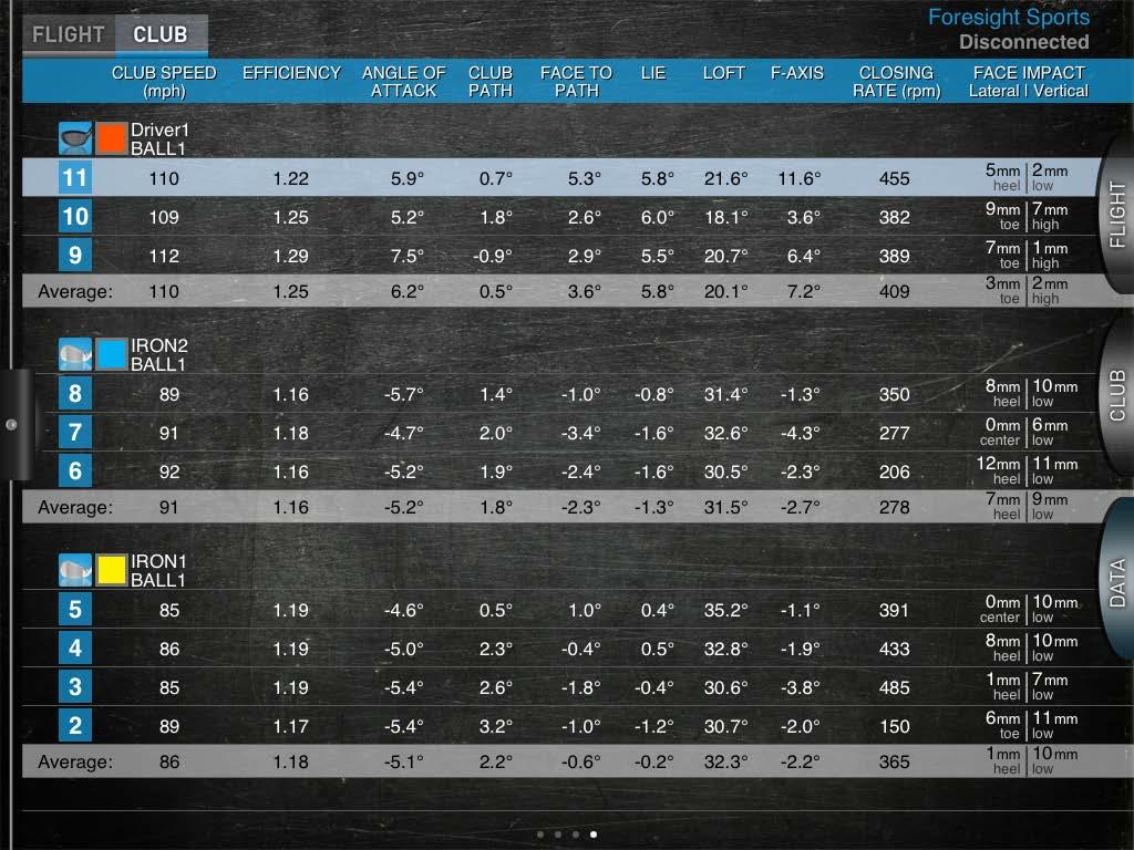 2. In the DATA tab you will be able to switch between the ball flight and club head