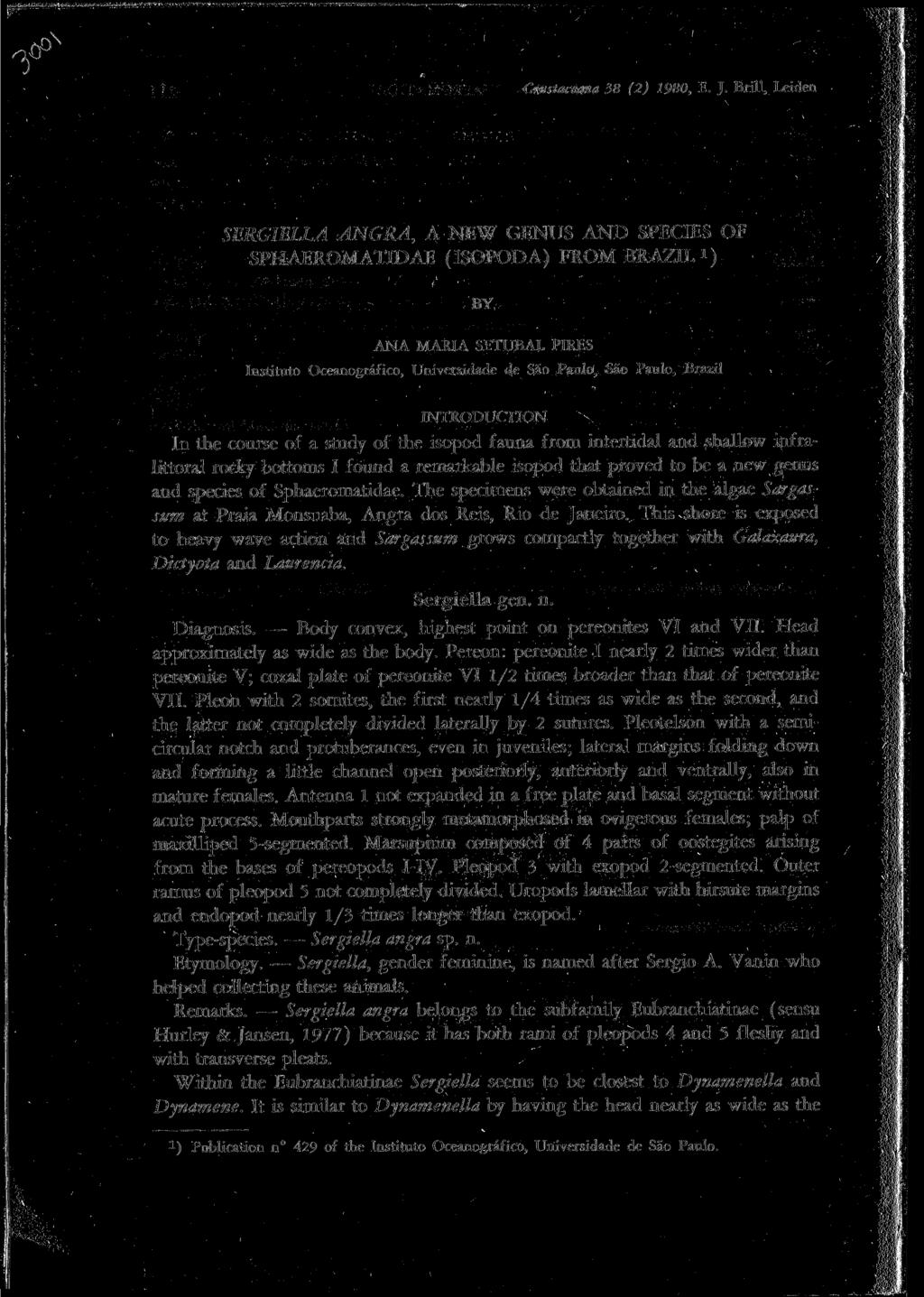 -0^ Crustaceana 38 (2) 1980, E J Brill, Leiden SERGIELLA ANGRA, A NEW GENUS AND SPECIES OF SPHAEROMATIDAE (ISOPODA) FROM BRAZIL 1) BY, ^ ANA MARIA SETUBAL PIRES Institute Oceanografico, Universidade