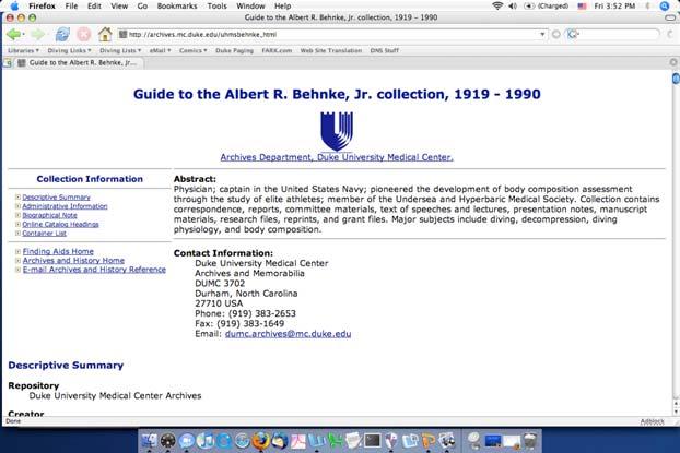 DUMC Archives Finding Aides UHMS Collection: Behnke Each collection has a brief