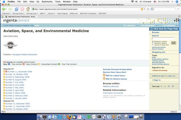 Aerospace Medical Association (AMA) http://www.ingentaconnect.com/content/asma/asem Electronic copies free after one year. Online content starts in 2003.