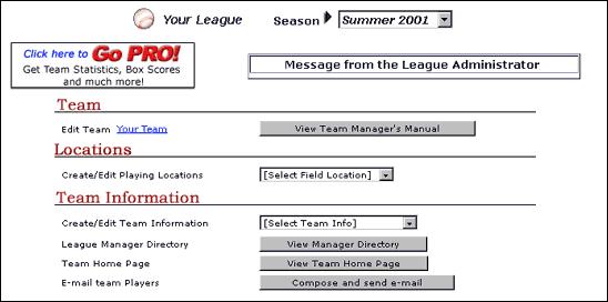 Note: The season selection Drop Down Menu in the upper left corner of the Team page allows you to view information from prior seasons if such seasons exist in ScoreBook.