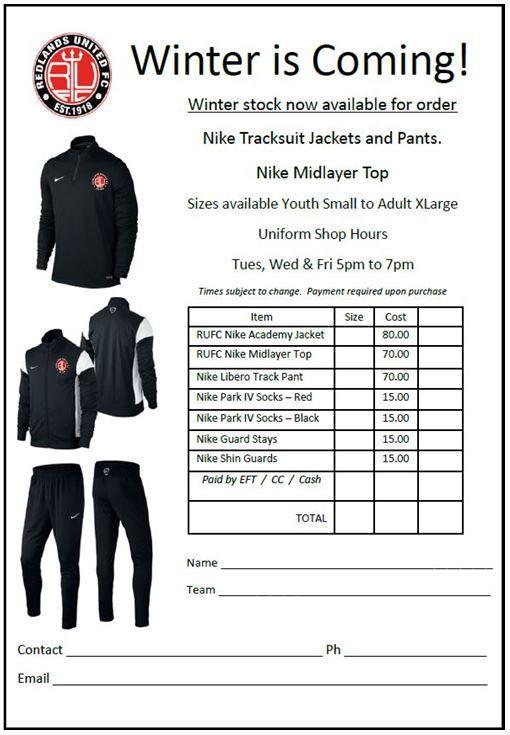 Uniform Shop News Winter has arrived!! Rug up on those cold winter days. Winter Gear Now Available Whilst Stocks Last Email Donna uniforms@redlandsunited.com.