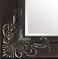 Antiqued wood frame with intricate corner detail 1 beveled mirror