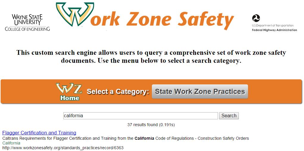 WORK ZONE SAFETY COMPENDIUM OF DOCUMENTS SEARCH ENGINE Custom search engine page Clicking Work Zone Safety returns to home page Selected category
