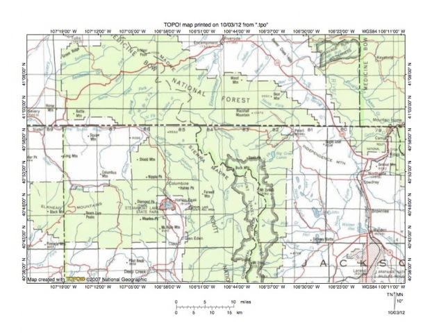 Figure 2: Detailed location map Encampment River-Elk River drainage divide area. United States Geological Survey map digitally presented using National Geographic Society TOPO software.
