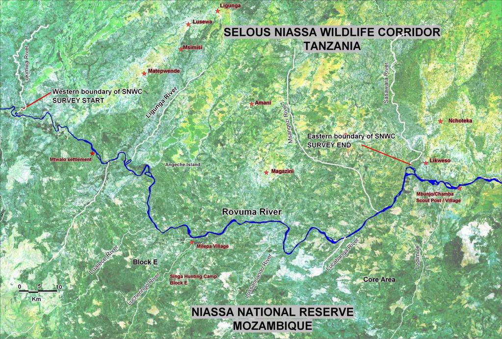 Fig 2: Detailed view of the section of the Ruvuma River forming the boundary between Selous Niassa Wildlife Corridor and Niassa National Reserve extending between the Lukimwa