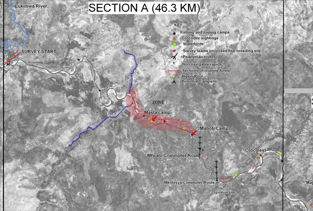 Fig 14: Detailed view of Section A of the Ruvuma River showing the proposed location of