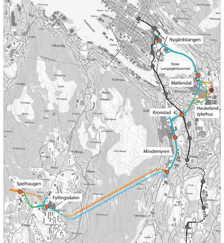 Planning for bicycle together with Bybanen Bike route from downtown to Kronstad via Kronstad tunnel New local and «express» routes in Mindemyren