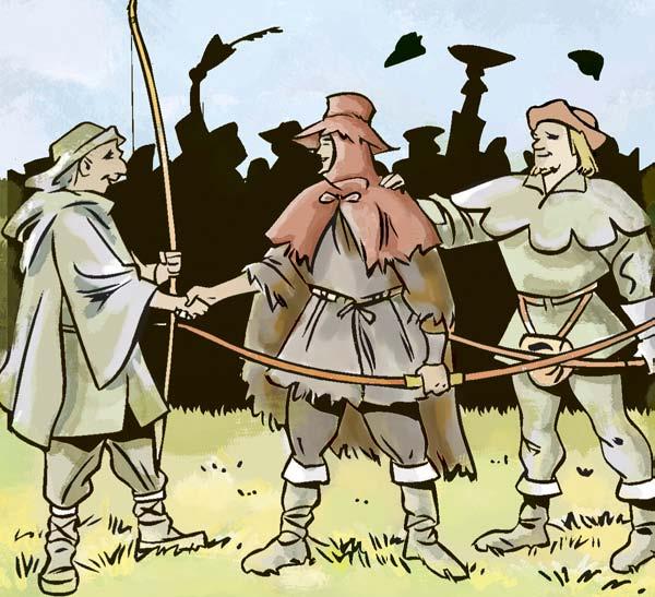 One by one, the archers aimed and let their quills fly. Each of the arrows struck near the center of the target. Gill o the Red Cap s first arrow struck only an inch from the center.