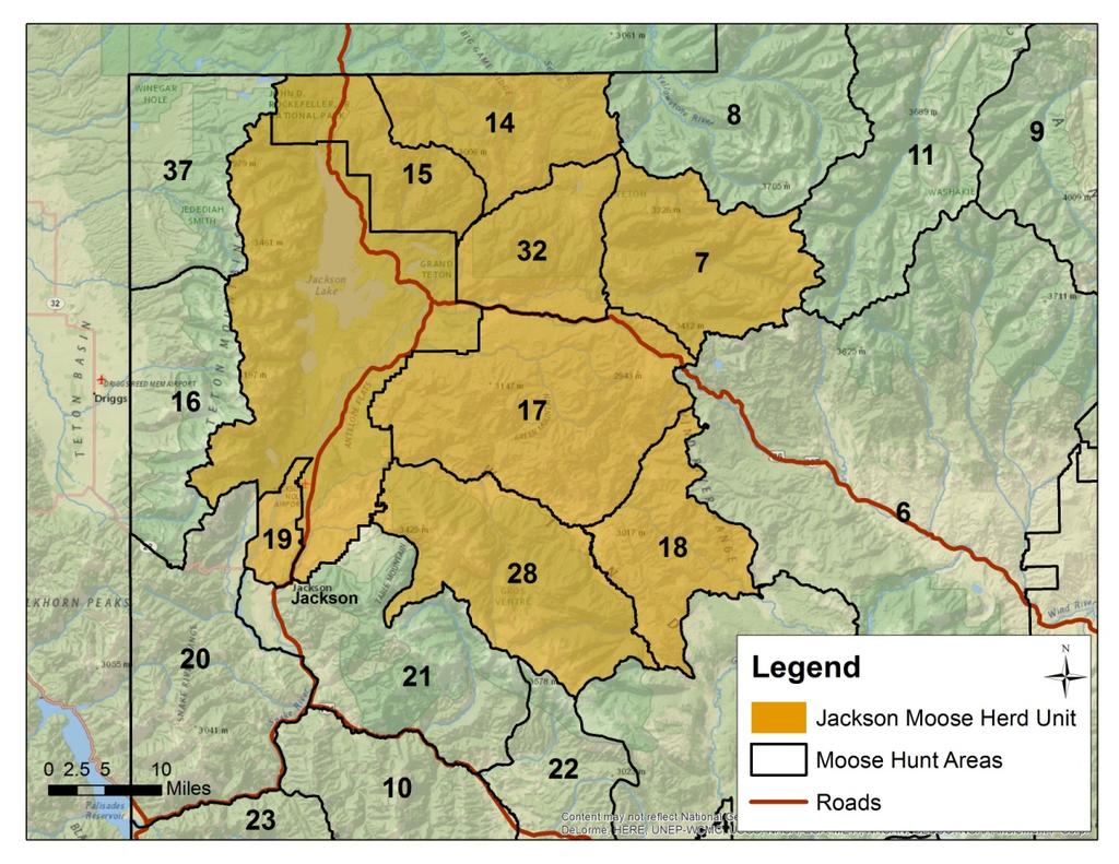 June 2015 JACKSON MOOSE HERD UNIT POPULATION OBJECTIVE REVIEW Prepared by: Alyson Courtemanch, North Jackson Wildlife Biologist Wyoming Game and Fish Department The Jackson Moose Herd covers 2,023