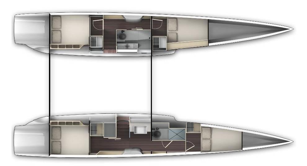 OFFSHORE VERSION Portside hull identical to the owner version Starboard hull Companionway: Sliding door separating the owner s hull from the saloon Wardrobe, storage Sink basin with mixer tap Aft