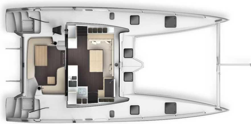 INTERIOR FIT-OUT SALOON Wraparound glazing with opening panels L-shaped bench seating for 5 Bench seating (220 x 60 cm) can convert to a watch bunk Removable table 135 x 81 cm that can also be used
