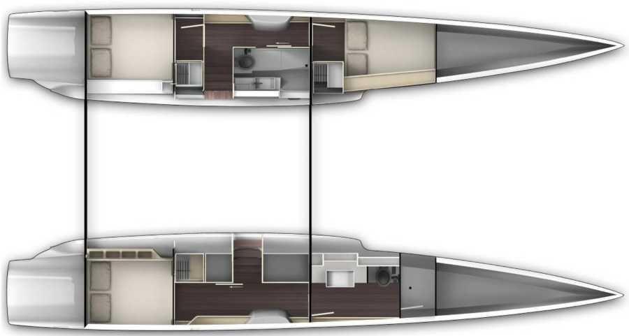 OWNER S VERSION Starboard hull Passageway: Wardrobe, stowage Aft cabin: Longitudinal bunk 200 x 150 cm and HR foam mattress Large fixed rectangular porthole on the hull topsides, providing