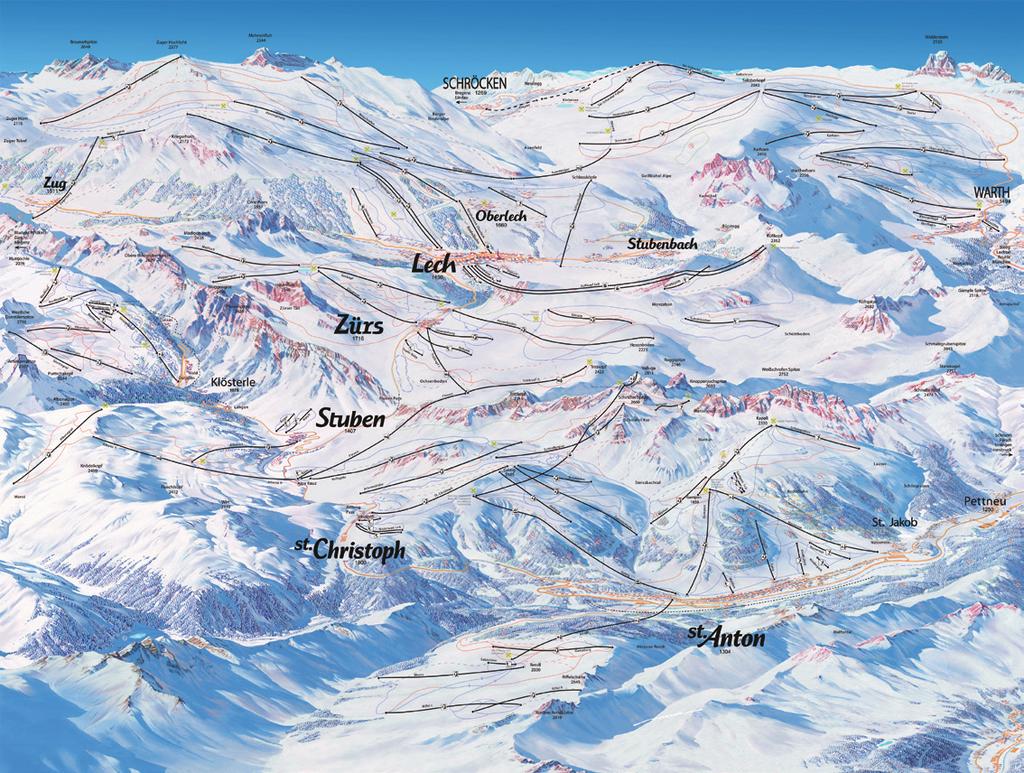 SKI runs Ski Arlberg ost* Slopes Infrastructure Description Length in km / % Number and description Blue slopes (easy) 57,12 / 47 1 fl oodlit toboggan run Red slopes (medium) 43,73 / 36 1 speed check