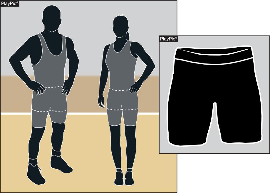 UNIFORMS Rule 4-1-1a-c school-issued Compression shorts or shorts designed for wrestling: Minimum 4-inch inseam that shall not extend below the knee.