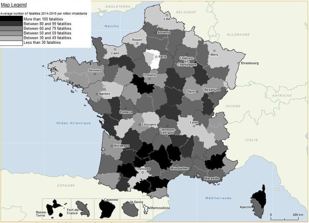 Appendix: Road traffic fatalities in the departements Evolution in the number of fatalities between and 2016