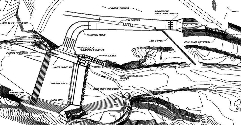 Figure 14. Most recent proposed 60% design of the St. Mary Diversion Dam and Headworks. Figure 15. Aerial photograph of the modified 60% design of the St. Mary Diversion Dam with annotations. 4.