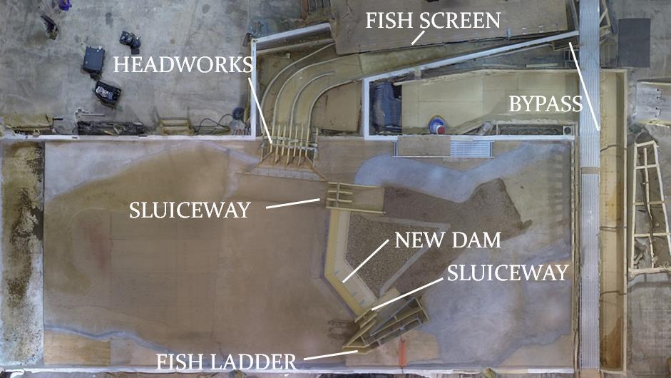 Figure 13. Aerial photograph of the original 60% design of the St. Mary Diversion Dam with annotations. 3.3. Modified 60% Design Option Physical Model 2 Following the first modeling efforts, project members re-worked the 60% design and incorporated the changes shown in Figure 14.