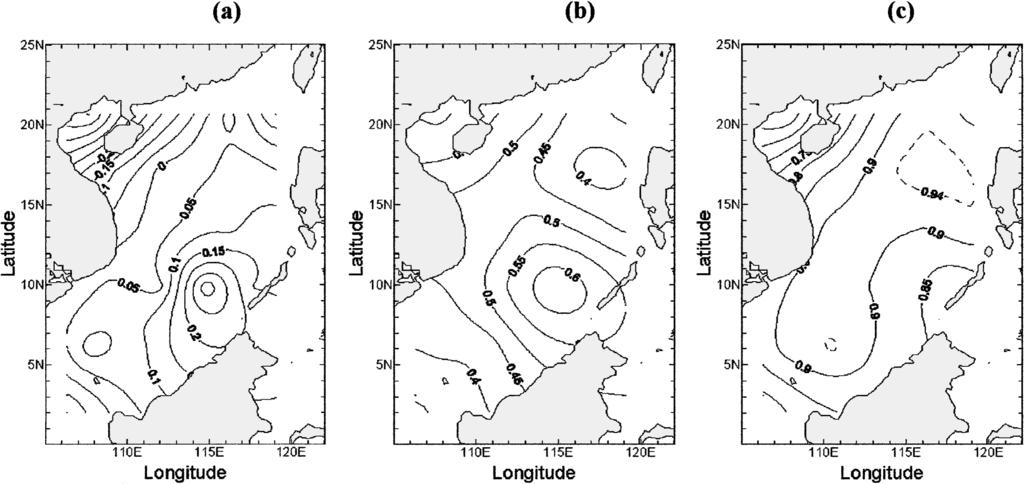 NOVEMBER 2004 CHU ET AL. 1727 FIG. 9. Distributions of SWH (a) bias, (b) rms error, and (c) correlation coefficient between WWATCH and T/P altimeter data for the entire year of 2000.