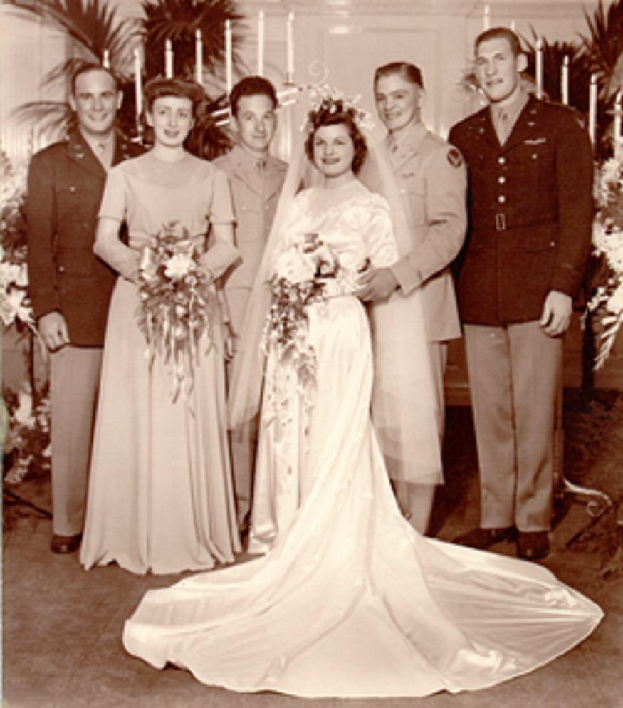 I Do" and "Adieu" Lt. Jack Ward married his sweetheart Beverly just before shiping out. Ralph (far right) was best man at the wedding.