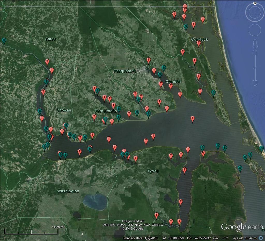 Figure 1-1 A map of Albemarle Sound, North Carolina and field site locations for Program 100 sampling conducted from 1972-2012.
