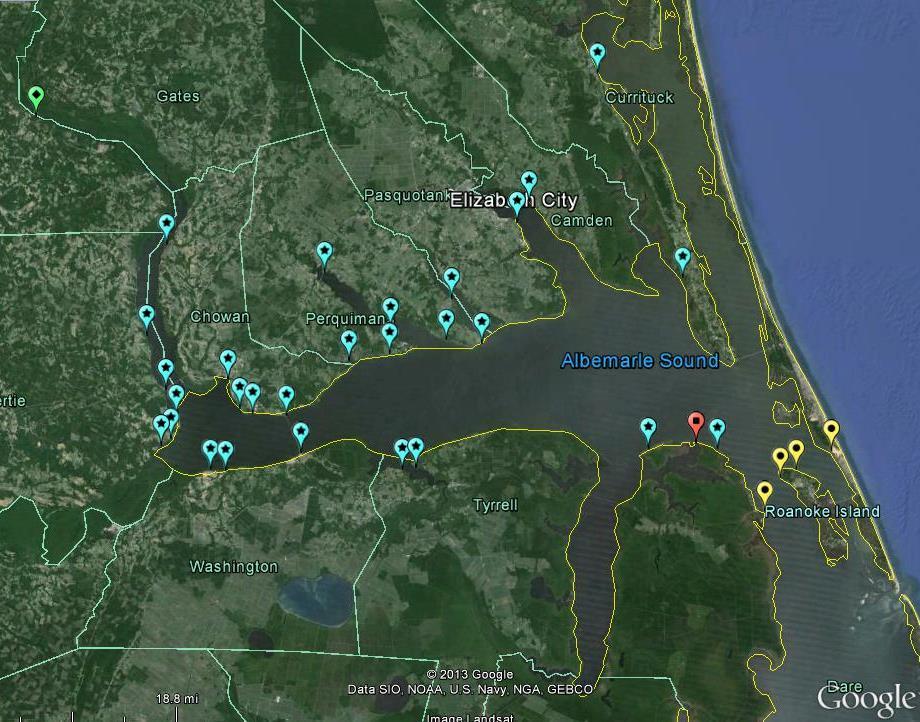 Figure 1-9 A map of Albemarle Sound North Carolina and field site locations for the seine stations (N=34) by spatial group.