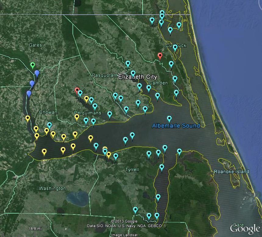 Figure 1-13 A map of Albemarle Sound North Carolina and field site locations for the trawl stations (N=62) by group.