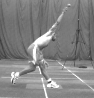 Figure 5.8 The position of the bowling arm at ball release. 5.2 QUESTIONS BASED ON THE LITERATURE A number of previous studies have attempted to identify links between aspects of fast bowling technique, ball release speed and ground reaction forces.