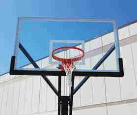 Glass backboard has a weather resistant, powder coated, unitized steel rear support structure and is