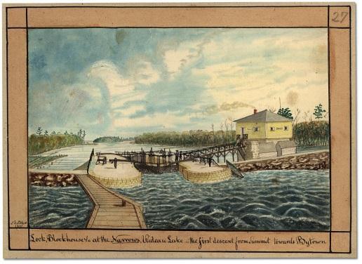 Lesson Resource Kit: Building the Rideau Canal Grade 7: 1800 1850: Conflict and Challenges Lock, Blockhouse at the Narrows, Rideau Lake - the first descent from Summit towards Bytown, painted by