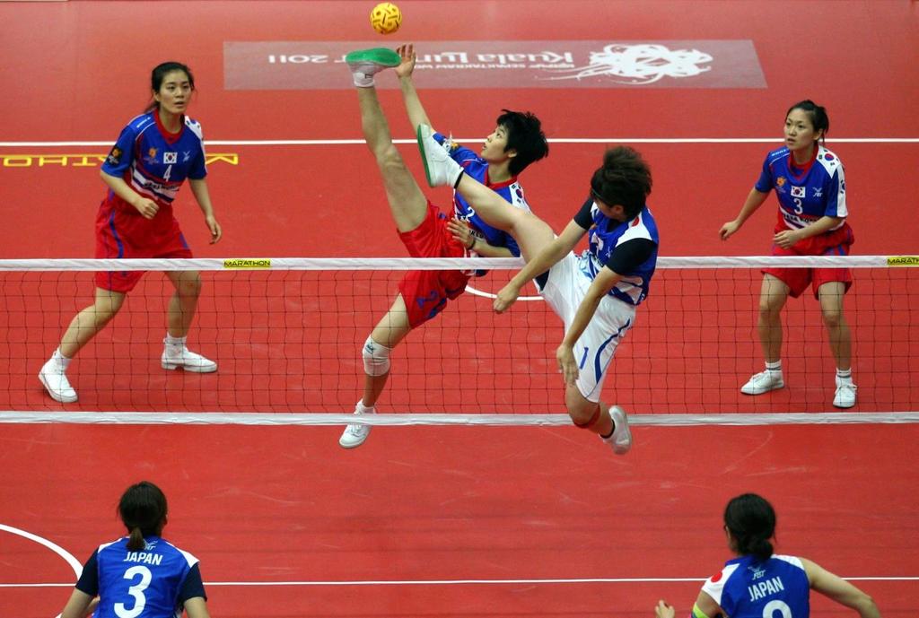 1. Sepak Takraw Overview Sepak Takraw Sepak Takraw is a foot volleyball game where players touch as well as handle the ball using only their feet, knee, chest and head.