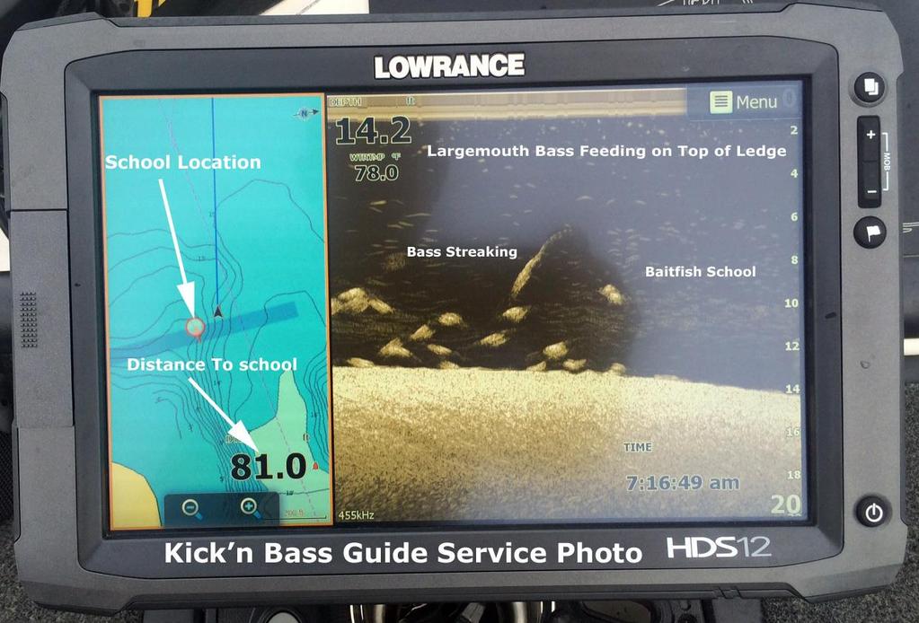 The screen shows a school of big bass feeding on baitfish on a deep flat located next to an underwater ledge. The ledge tapered to about 18 feet before it dropped into the Tennessee River channel.